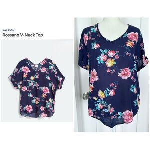 Kaileigh Rossano Floral V-Neck Top | Navy | Size XS | Made in USA